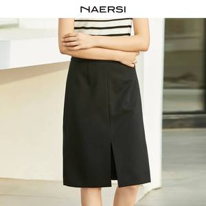 娜尔思商场同款开叉直筒短裙2023新款通勤小黑裙 半身裙NW01332W0