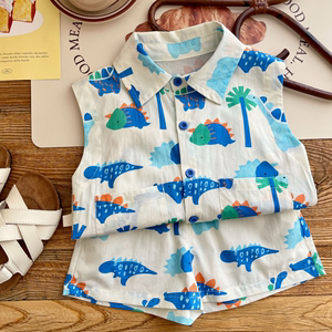 婴儿衣服夏季薄款韩版卡通无袖短裤套装8-9-10个月一岁男宝宝夏装