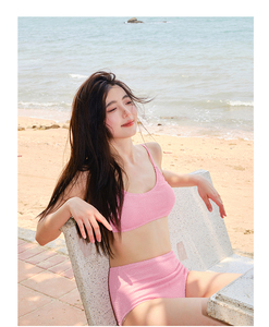 荣浪斯2023新款粉色纯色网纱少女风仙女范泡温泉三件套分体泳衣