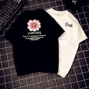 香港潮牌ulzzang字母花朵短袖T恤男女卡通印花情侣装bf风宽松上衣