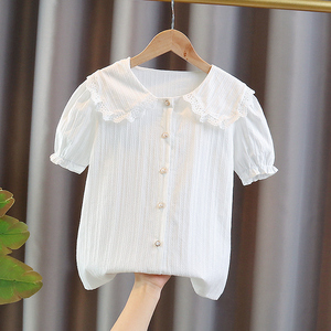 女童娃娃领衬衫儿童韩版洋气夏季长袖中大童夏装新款短袖白色衬衣
