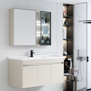奶油风不锈钢浴室柜组合陶瓷一体盆卫生间现代卫浴吊柜智能镜柜