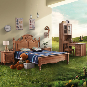檀丝木实木床美式儿童房家具1.2m原木色单人床小孩1.51.8米儿童床