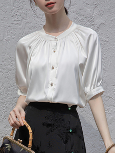 宫廷风白色短袖衬衫女装夏季上衣气质褶皱设计感衬衣别致漂亮小衫