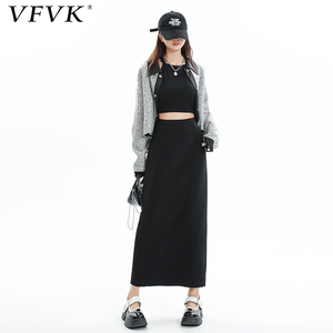 vfvk黑色半身裙女2024新款夏季高腰显瘦包臀一字裙开叉气质长裙子