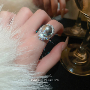 巴洛克灰色珍珠戒指女开口轻奢高级感食指戒小众设计时尚个性夸张