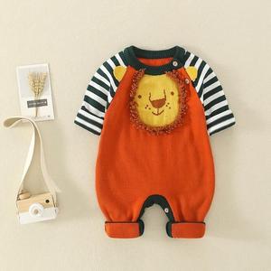 婴儿衣服加绒连体毛线衣卡通针织爬服03-9个月男宝宝套装女打底衫