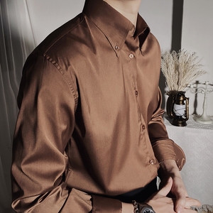 CHAT意式纯色商务休闲长尖领长袖衬衫男潮流英伦时尚复古修身衬衣