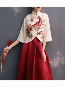 巨显瘦遮肉过年衣服女白色中国龙印花衬衫搭配红色半身裙套装秋冬