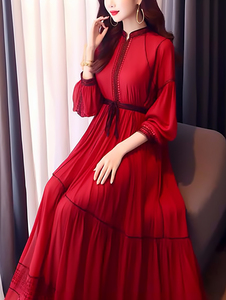 新中式复古立领泡泡长袖收腰大摆红色网纱连衣裙春装女2024年新款