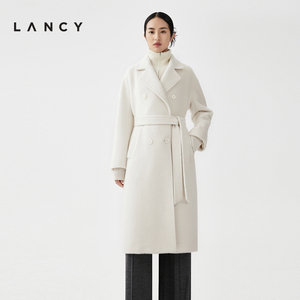 LANCY/朗姿2023秋冬新款白色气质羊驼毛双面呢大衣系带品牌厚外套