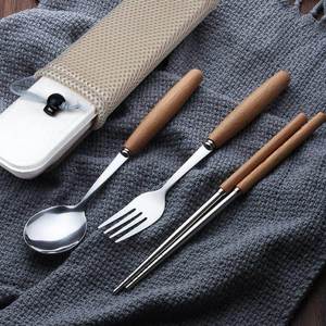 日式木柄不锈钢刀叉勺餐具套装日韩实木勺叉不锈钢木柄刀叉勺筷子