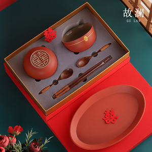 故澜磨砂喜碗结婚礼物用品红色碗筷一对套装陪嫁新婚红碗订婚餐具