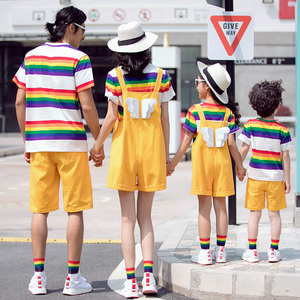 2024暑假旅游度假彩虹亲子装纯棉短袖套装一家四口母子母女家庭装