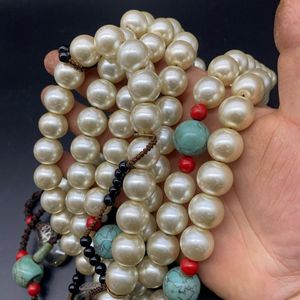 古玩杂项旧藏 乡下所收老珍珠 108粒白色珍珠朝珠 配绿松石朝珠