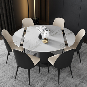 意式岩板餐桌椅圆形1.3米6人可伸缩折叠变形方圆两用简约多功能