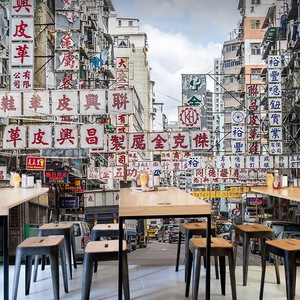 3D香港街景墙纸休闲吧酒吧小吃店壁画奶茶咖啡厅港式无缝餐厅壁纸