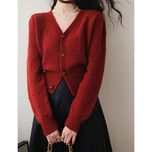 高级感复古立体波点红色毛衣女气质温柔收腰显瘦短款v领针织开衫