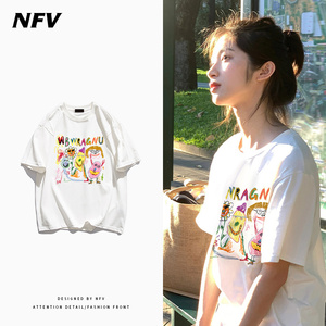 韩式设计感涂鸦印花vibe夏季休闲大学生宽松短袖T恤纯棉上衣女ins
