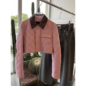 高级感粉色短款夹克棉服女2023秋冬季新款设计感别致小众菱格外套