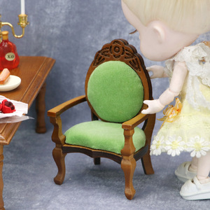 1:12娃娃屋dollhouse迷你家具木质模型复古栗色桃形椅扶手椅子