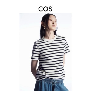 COS女装拼色圆领短袖T恤藏青色/白色/条纹2024夏季新品0960679103