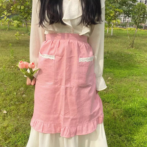 网红韩式带口袋围裙咖啡店家用短款花边时尚女生半腰棉麻鱼尾围裙