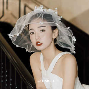 韩式仙气白色花朵新娘头饰花环帽纱遮面外景旅拍结婚婚纱写真配饰