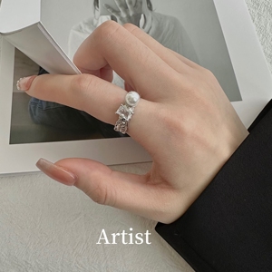 轻奢不规则镶钻不掉色钛钢珍珠戒指女ins小众设计高级感食指尾戒
