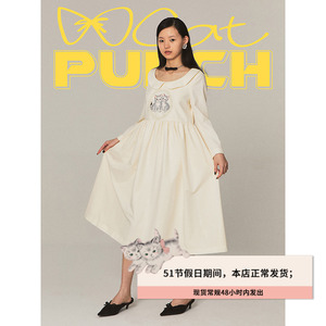 CatPunch甜喵预警 小猫刺绣玫瑰相框连衣裙 米色长袖低圆领娃娃裙