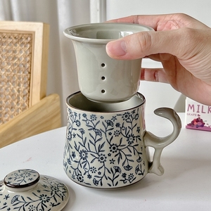 微瑕日式复古手绘陶瓷茶杯带过滤马克杯办公室茶杯咖啡杯花茶杯