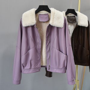 高级感紫色毛领皮衣女2023秋冬款加绒加厚保暖休闲短款皮夹克外套