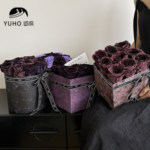 屿后 原创大理石梅紫酱系列礼盒鲜花玫瑰插花方形圆形抱抱桶资材