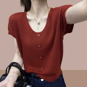韩国红色短袖t恤女夏季冰丝2024新款大码胖mm宽松遮肚针织衫上衣