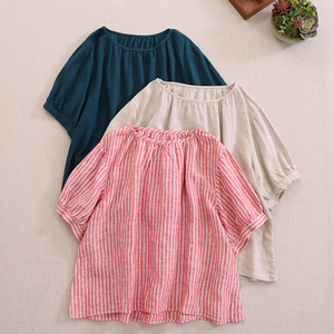 夏季新款日系森女短袖衬衫T恤 宽松百搭舒适棉麻衬衣清凉套头上衣