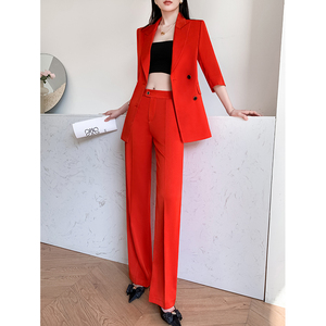 小个子西装套装女夏季薄款高级感职业气质通勤阔腿裤红色休闲西服