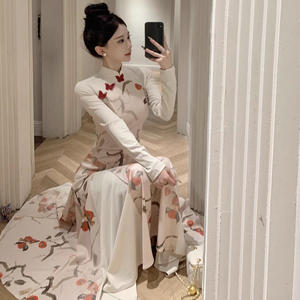 新中式国风女装独特超好看印花改良旗袍高级感收腰大摆针织连衣裙