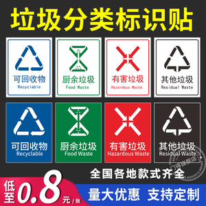 垃圾桶标志标签垃圾分类标识贴纸有害易腐厨余干湿其他可回收幼儿园学校家用上海北京苏杭州成都PP海报可定制