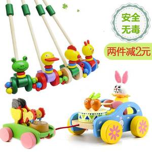 儿童学步车手推车木质木头宝宝青蛙恐龙小猪木制小鸡娃娃敲鼓玩具
