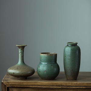 小号手工创意日式禅意复古做旧影绿陶艺花瓶插花摆件客厅装饰品