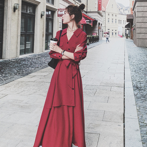 CHLENADY 法式红色连衣裙女长袖春季v领高级感小红裙礼服订婚长裙