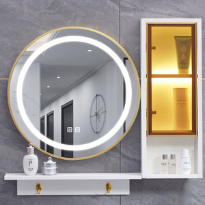 简约现代圆形智能镜带灯除雾挂墙式镜柜实木收纳镜箱浴室化妆镜子