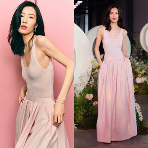 EXJR代购刘雯同款U领针织背心上衣女大裙摆半身裙粉色芭蕾风套装