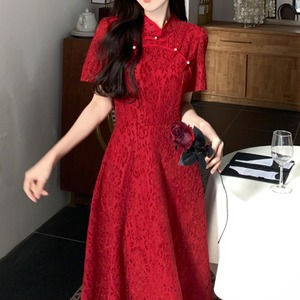 大码夏装改良旗袍红色敬酒订婚礼服连衣裙新中式法式高端蕾丝长裙