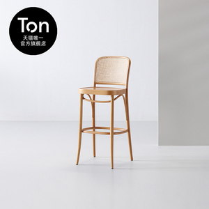 「TON」捷克进口811吧台椅高脚实木藤面靠背椅开放式厨房岛台椅子