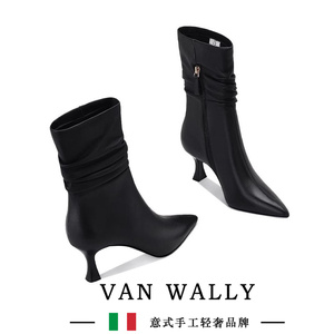 VAN WALLY中筒靴女2023秋季新款高跟鞋冬季羊皮黑色百搭堆堆靴女