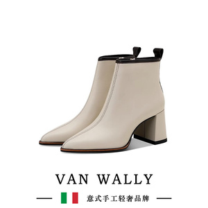 VAN WALLY秋冬法式米白色高跟鞋短靴线条拼接羊皮短筒尖头单靴女