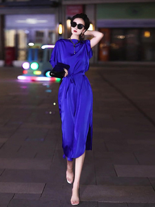 2024夏季新款气质女装时尚高端精致绝美高贵克莱因蓝连衣裙阔太太