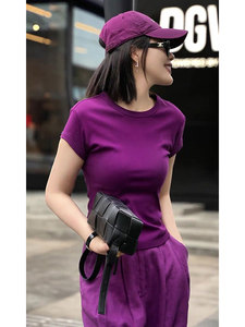 紫色短袖t恤套装休闲运动衣服女2024新款爆款夏装搭配一整套时尚