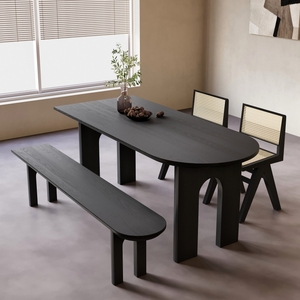 黑色侘寂风实木餐桌家用小户型椭圆形原木半圆靠墙中古风岛台桌子